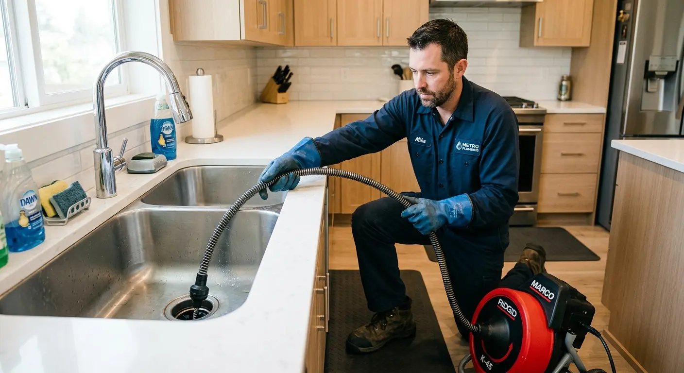 Drain cleaning technician using a motorized snake on a kitchen sink in Middleburg