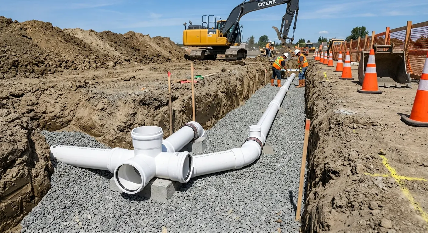 New PVC sewer pipe installation in open trench for Commercial Drain Cleaning in Middleburg