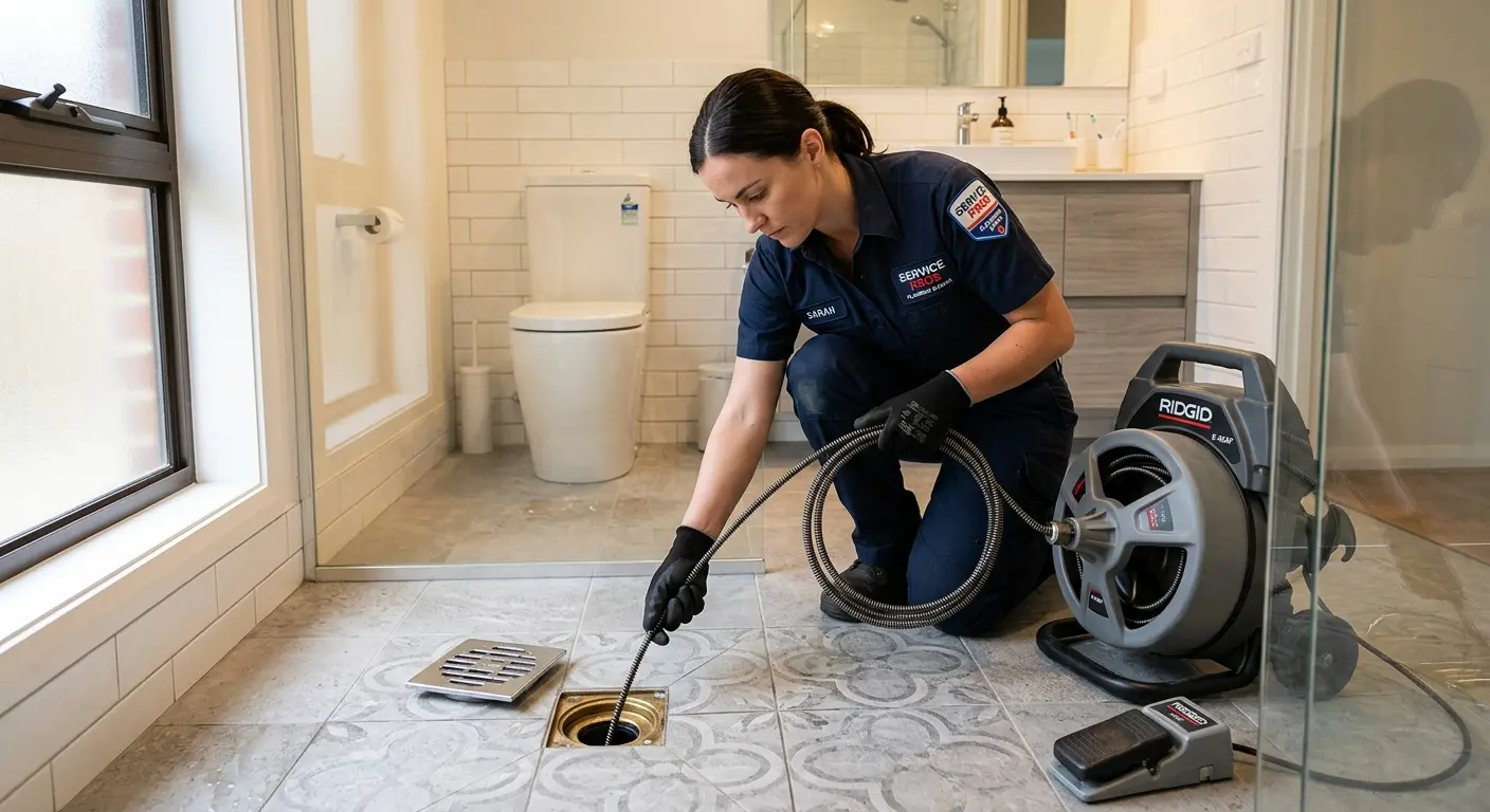 Technician clearing a bathroom floor drain for Clogged Drain Repair in Middleburg